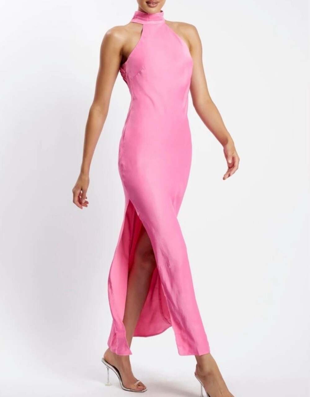 MESHKI Claire Satin Drape Back Maxi Dress Pink Size XS
